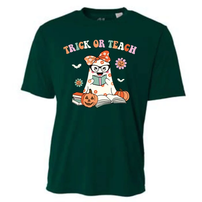 Groovy Halloween Trick Or Teach Retro Floral Ghost Teacher Cooling Performance Crew T-Shirt