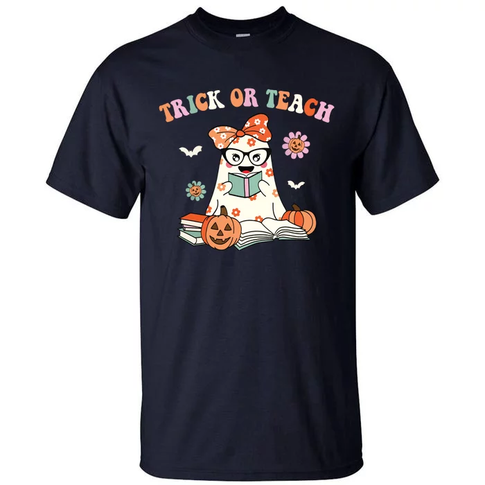 Groovy Halloween Trick Or Teach Retro Floral Ghost Teacher Tall T-Shirt