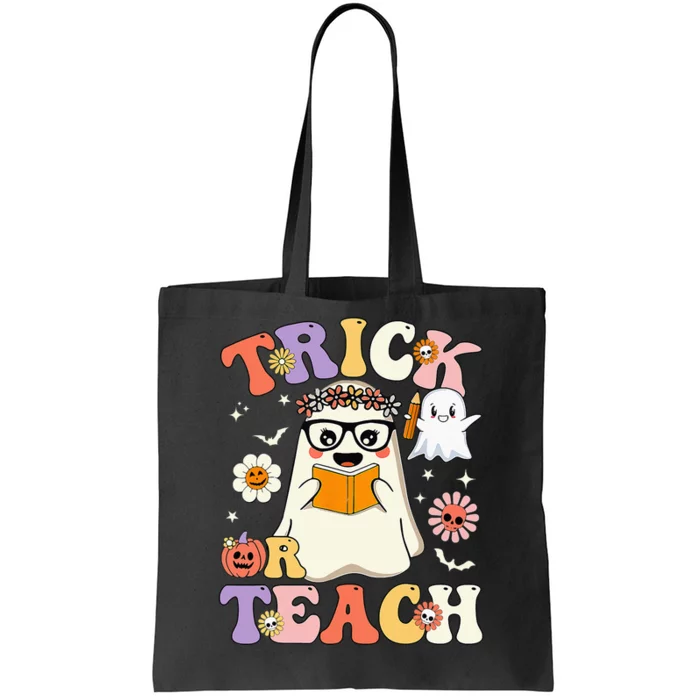 Groovy Halloween Trick Or Teach Cute Floral Ghost Teacher Tote Bag