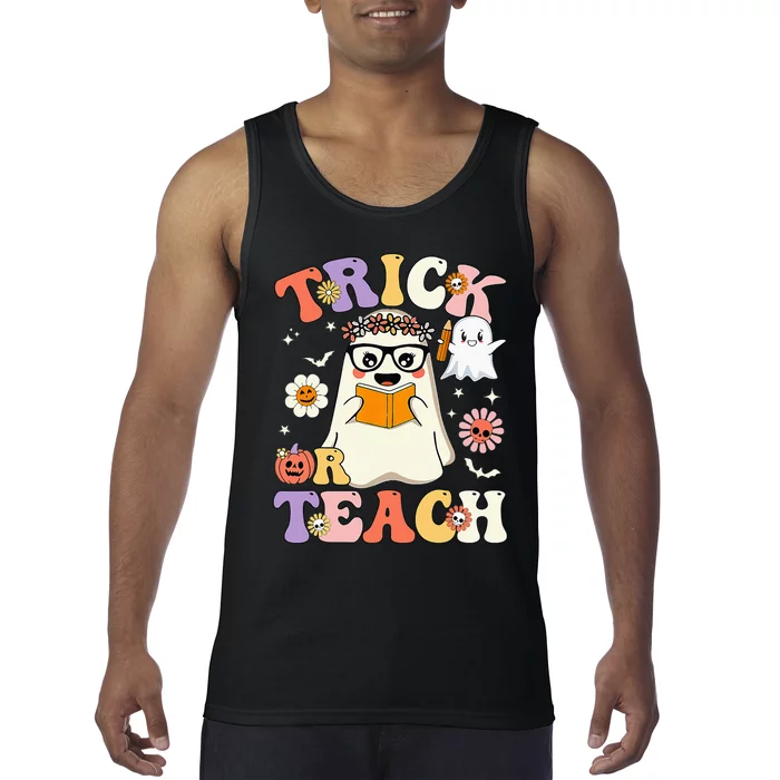 Groovy Halloween Trick Or Teach Cute Floral Ghost Teacher Tank Top