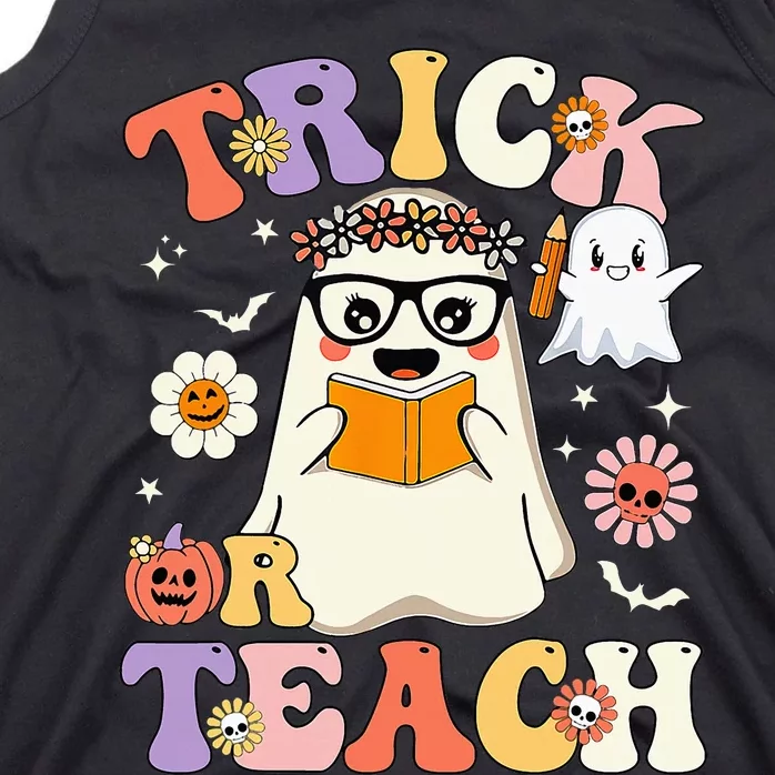 Groovy Halloween Trick Or Teach Cute Floral Ghost Teacher Tank Top