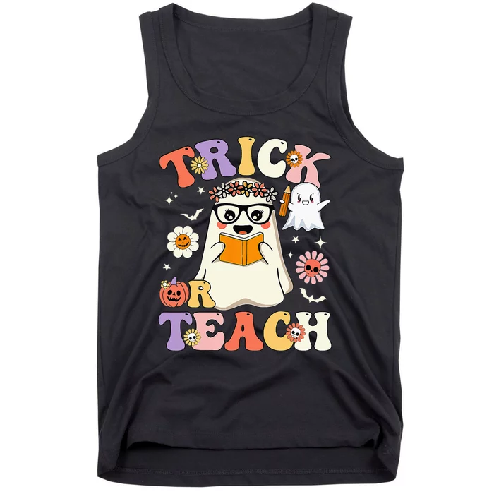 Groovy Halloween Trick Or Teach Cute Floral Ghost Teacher Tank Top