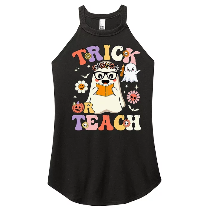 Groovy Halloween Trick Or Teach Cute Floral Ghost Teacher Women’s Perfect Tri Rocker Tank