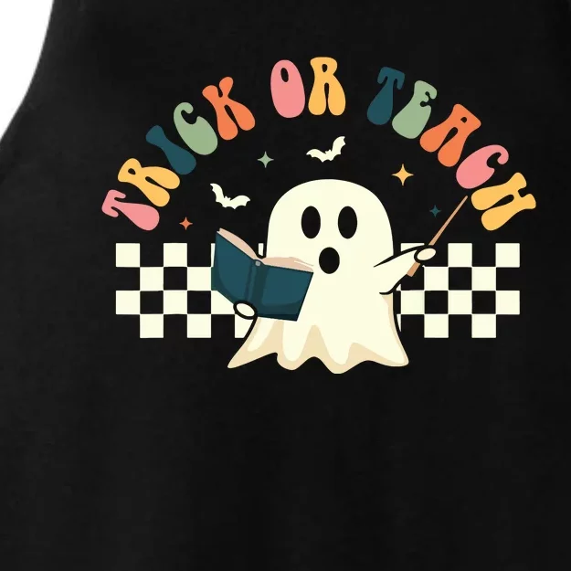 Groovy Halloween Trick Or Teach Retro Floral Ghost Teacher Ladies Tri-Blend Wicking Tank