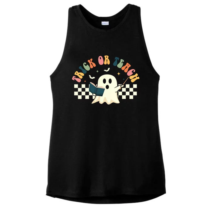 Groovy Halloween Trick Or Teach Retro Floral Ghost Teacher Ladies Tri-Blend Wicking Tank