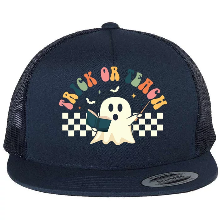 Groovy Halloween Trick Or Teach Retro Floral Ghost Teacher Flat Bill Trucker Hat