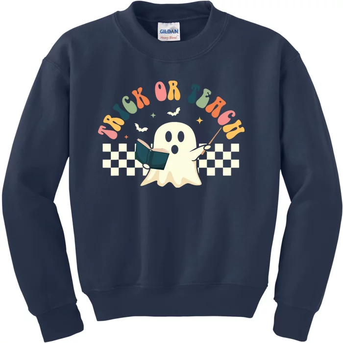 Groovy Halloween Trick Or Teach Retro Floral Ghost Teacher Kids Sweatshirt