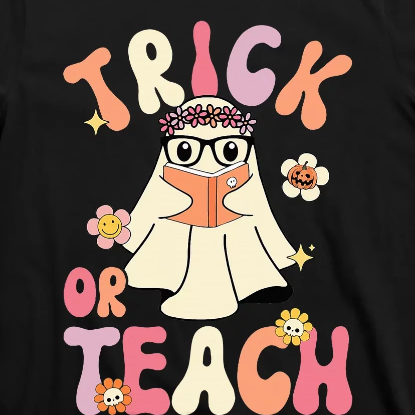 Groovy Halloween Trick Or Teach Retro Floral Ghost Teacher T-Shirt