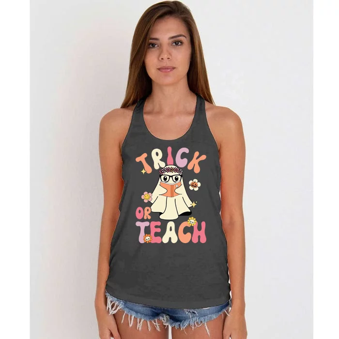 Groovy Halloween Trick Or Teach Retro Floral Ghost Teacher Women's Knotted Racerback Tank