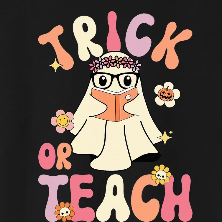 Groovy Halloween Trick Or Teach Retro Floral Ghost Teacher Women's Crop Top Tee