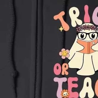 Groovy Halloween Trick Or Teach Retro Floral Ghost Teacher Full Zip Hoodie