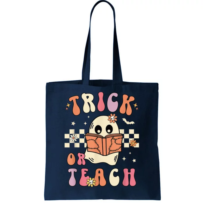 Groovy Halloween Trick or Teach Retro Floral Ghost Teacher Tote Bag