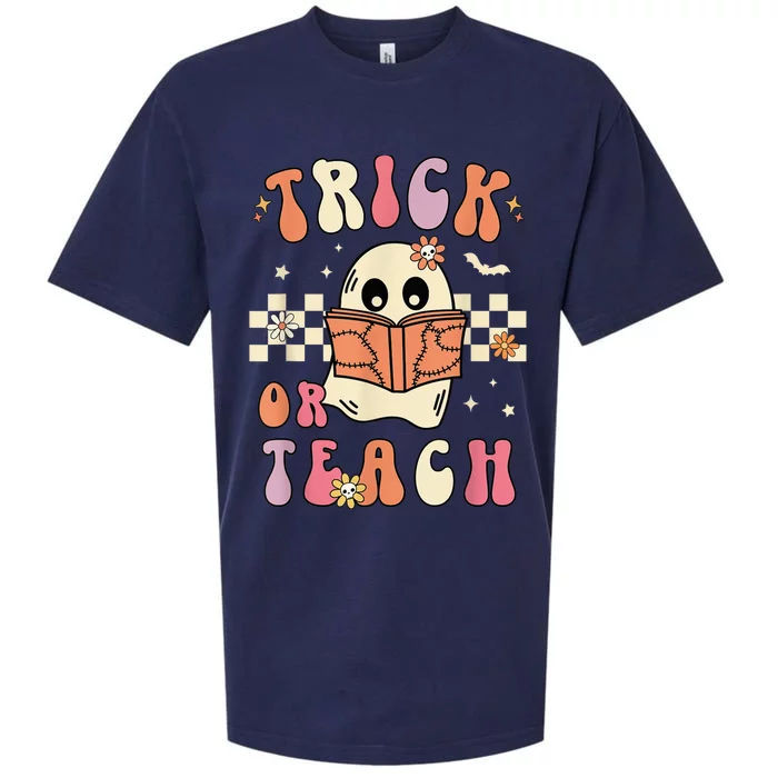 Groovy Halloween Trick or Teach Retro Floral Ghost Teacher Sueded Cloud Jersey T-Shirt