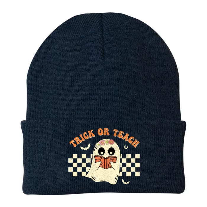 Groovy Halloween Trick Or Teach Retro Floral Ghost Teacher Great Gift Knit Cap Winter Beanie