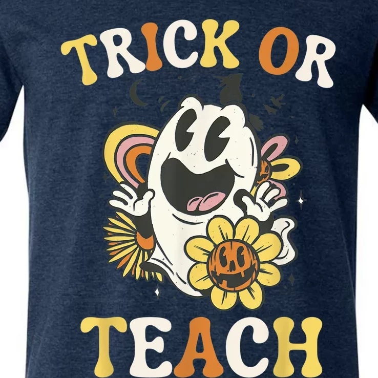 Groovy Halloween Trick or Teach Retro Spooky Ghost Teacher V-Neck T-Shirt