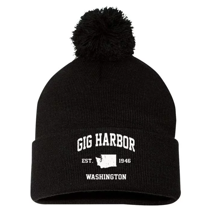 Gig Harbor Washington WA Vintage State Athletic Style Pom Pom 12in Knit Beanie