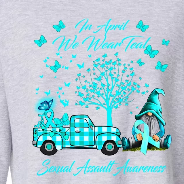 Gnomes In April We Wear Teal Sexual Assault Awareness Funny Gift Great Gift Cropped Pullover Crew