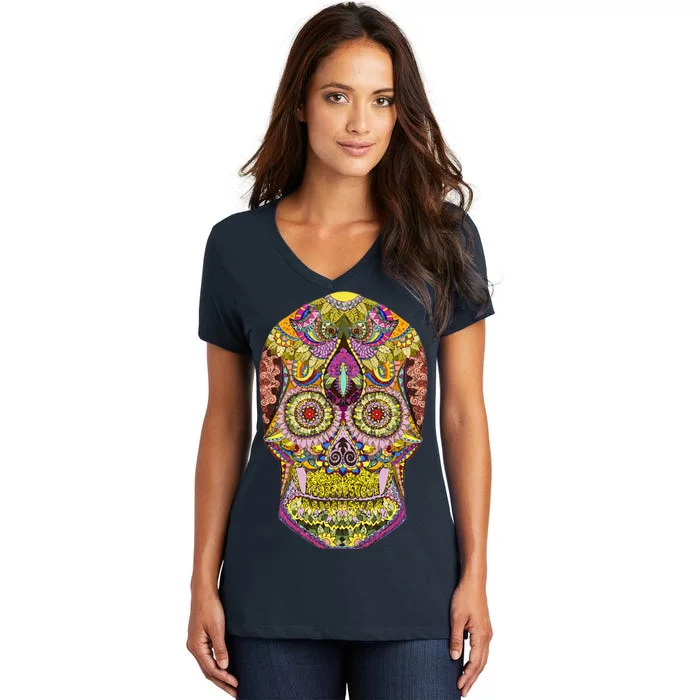 Giant Sugar Floral Sugar Skull Women's V-Neck T-Shirt