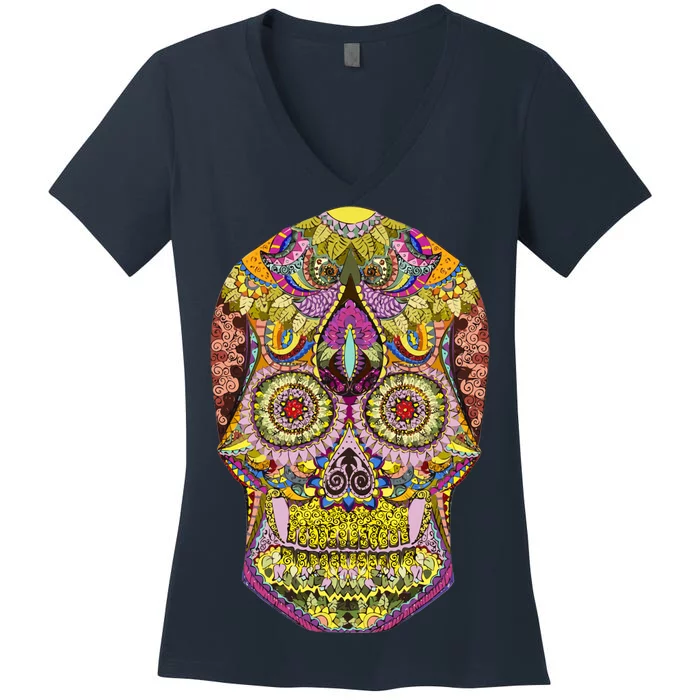 Giant Sugar Floral Sugar Skull Women's V-Neck T-Shirt