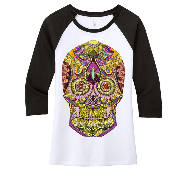 Giant Sugar Floral Sugar Skull Women's Tri-Blend 3/4-Sleeve Raglan Shirt