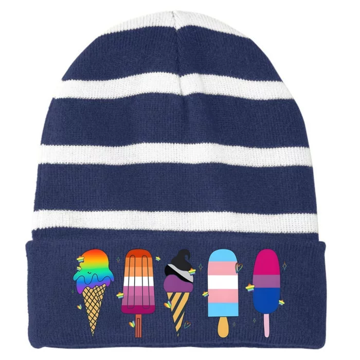 Gay Ice Cream Funny Pride Lgbt Lgbtq Pride Month Striped Beanie with Solid Band