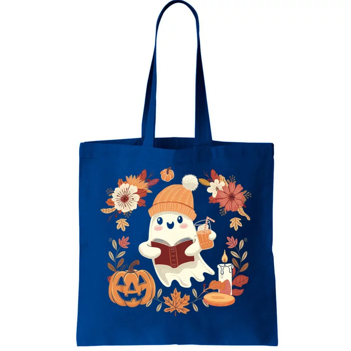 Ghost Ing Coffee Book Reading Halloween Pumpkin Flower Gift Tote Bag