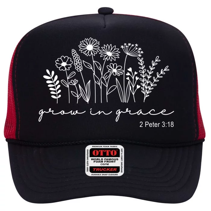 Grow In Grace 2 Peter 3:18 Floral High Crown Mesh Trucker Hat