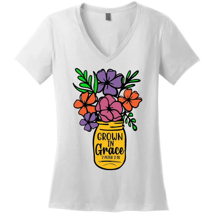 grown in grace Jesus believe Christian gift ideas Women's V-Neck T-Shirt