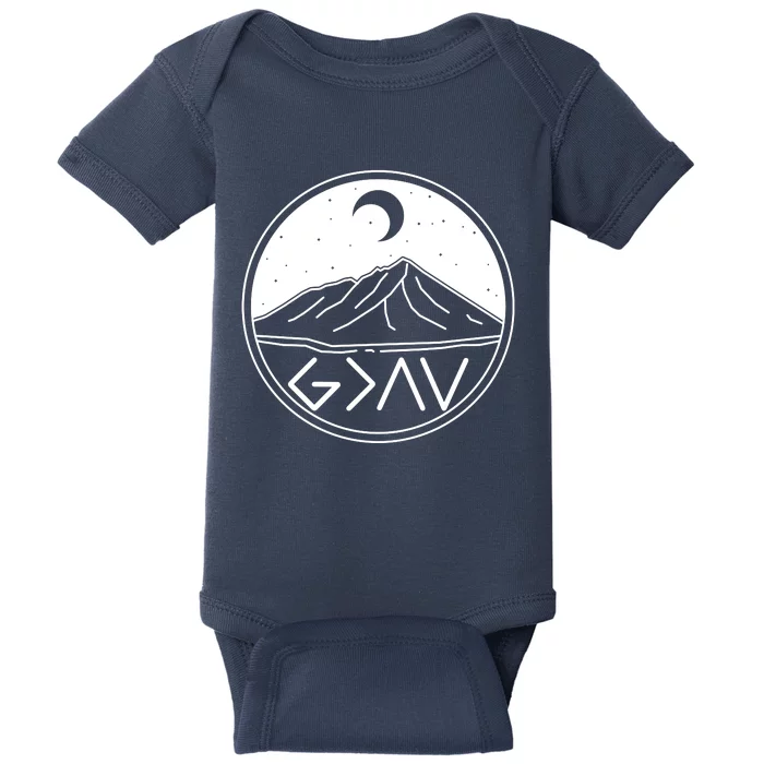 God Is Greater Than High And Lows Mountain Camping Baby Bodysuit