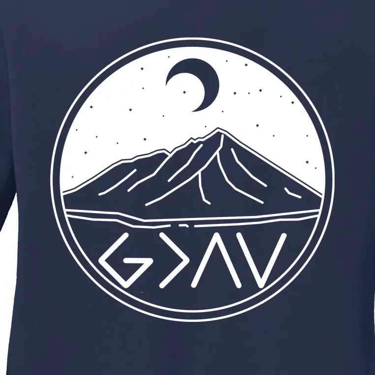 God Is Greater Than High And Lows Mountain Camping Ladies Long Sleeve Shirt