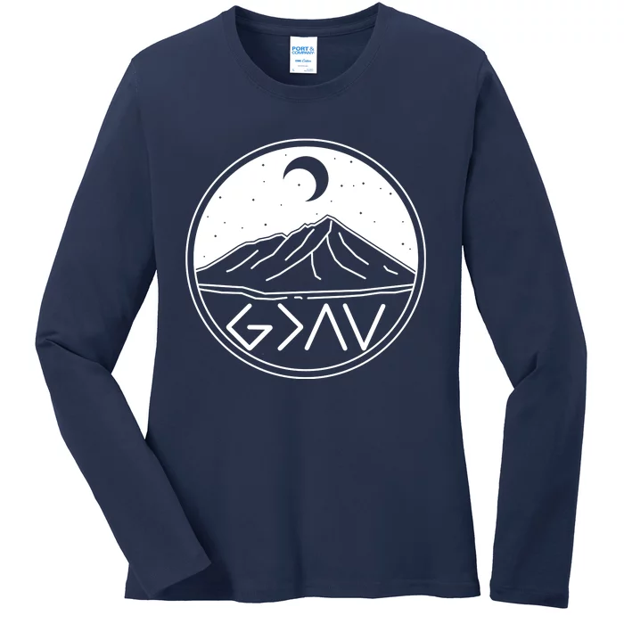 God Is Greater Than High And Lows Mountain Camping Ladies Long Sleeve Shirt