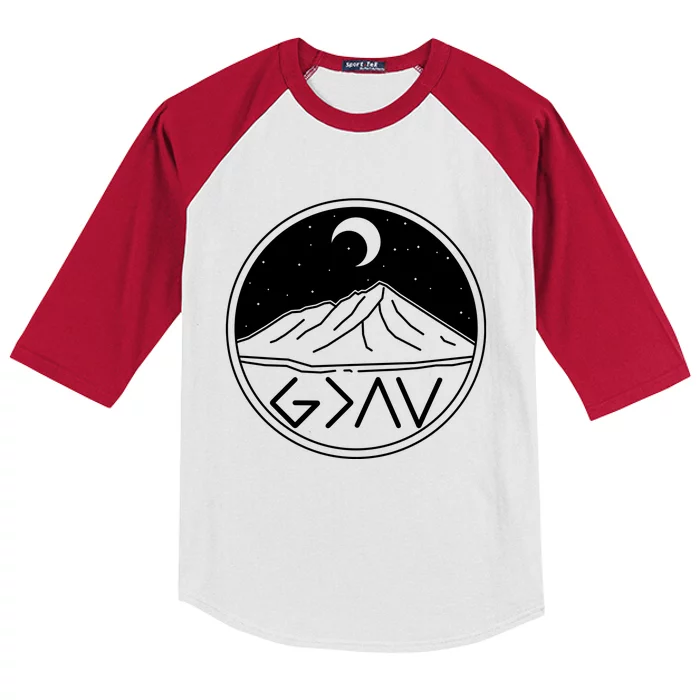 God Is Greater Than High And Lows Mountain Camping Kids Colorblock Raglan Jersey