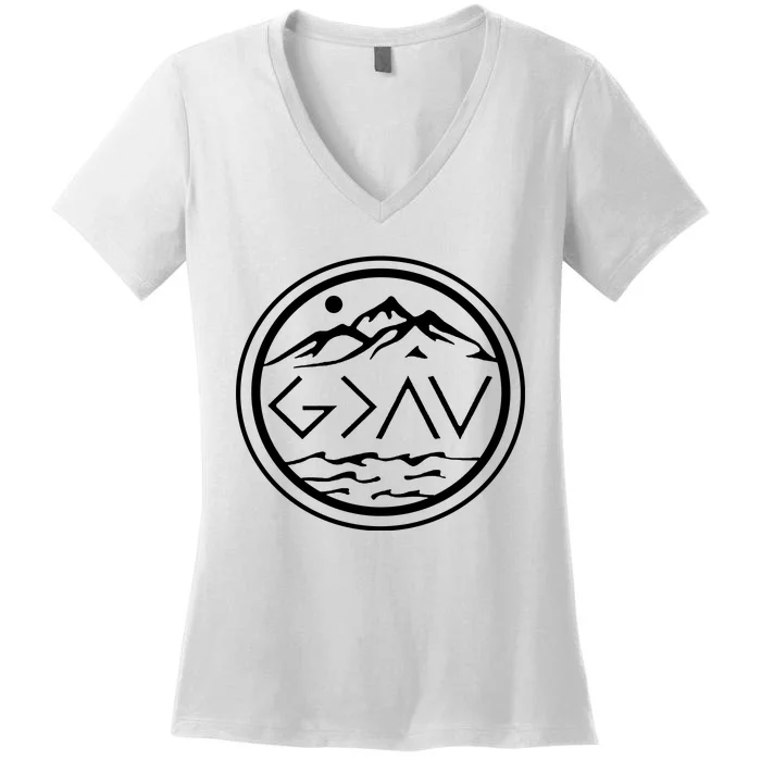 God Is Greater Than The High And Lows Graphic Inspirational Christian Mountain Women's V-Neck T-Shirt