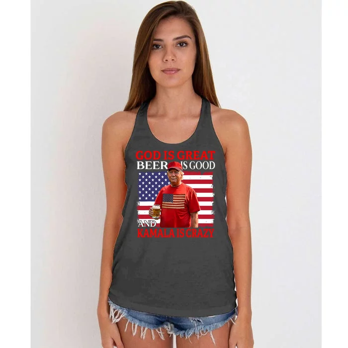 God Is Great Beer Is Good And Kamala Are Crazy Funny Trump Women's Knotted Racerback Tank