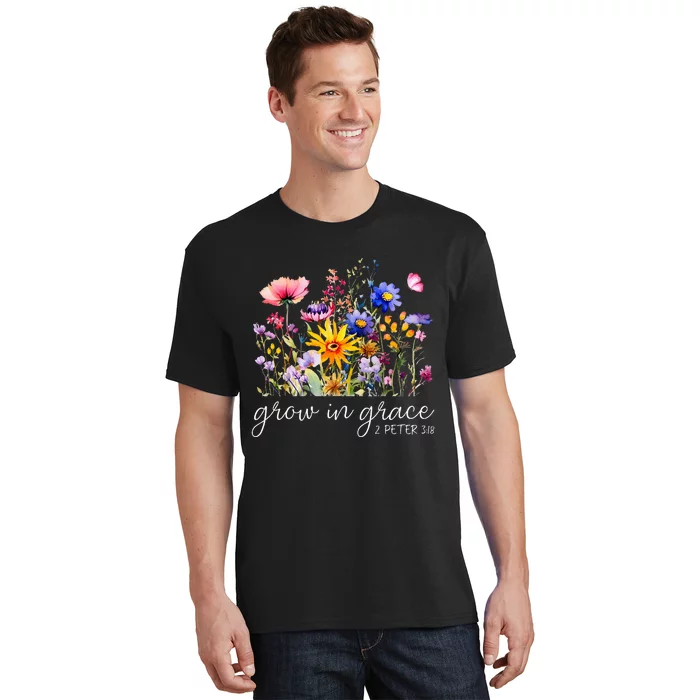 Grow In Grace Wildflower Boho Christian Scripture Religious T-Shirt