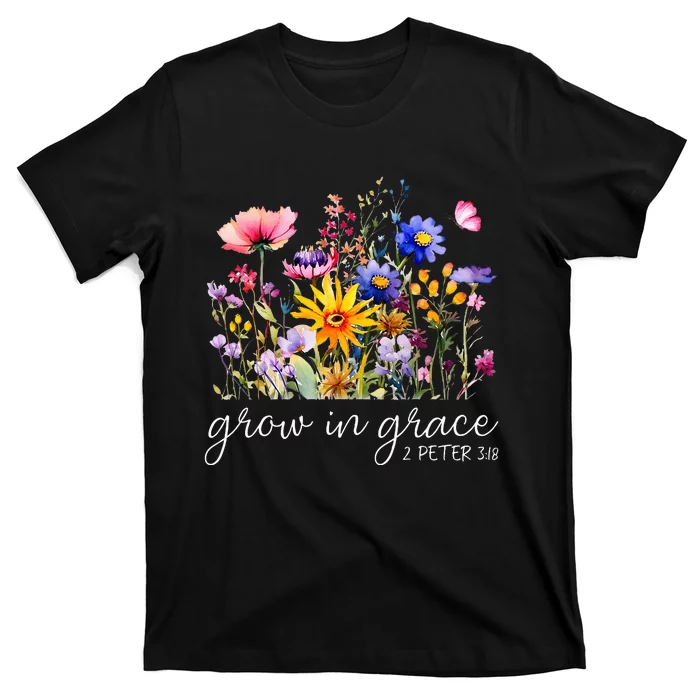 Grow In Grace Wildflower Boho Christian Scripture Religious T-Shirt