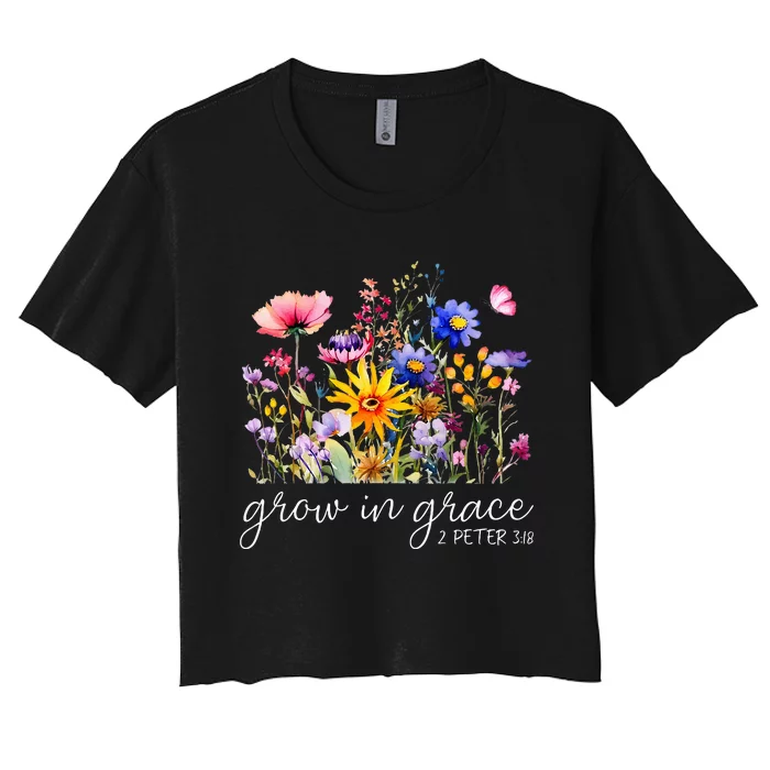 Grow In Grace Wildflower Boho Christian Scripture Religious Women's Crop Top Tee