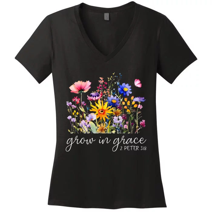 Grow In Grace Wildflower Boho Christian Scripture Religious Women's V-Neck T-Shirt