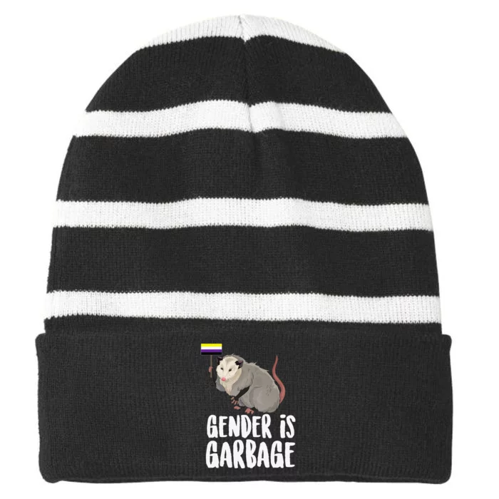 Gender Is Garbage Genderfluid NonBinary Possum Striped Beanie with Solid Band