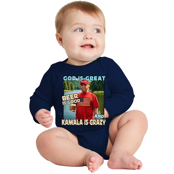 God Is Great Beer Is Good And Kamala Are Crazy Funny Trump Baby Long Sleeve Bodysuit