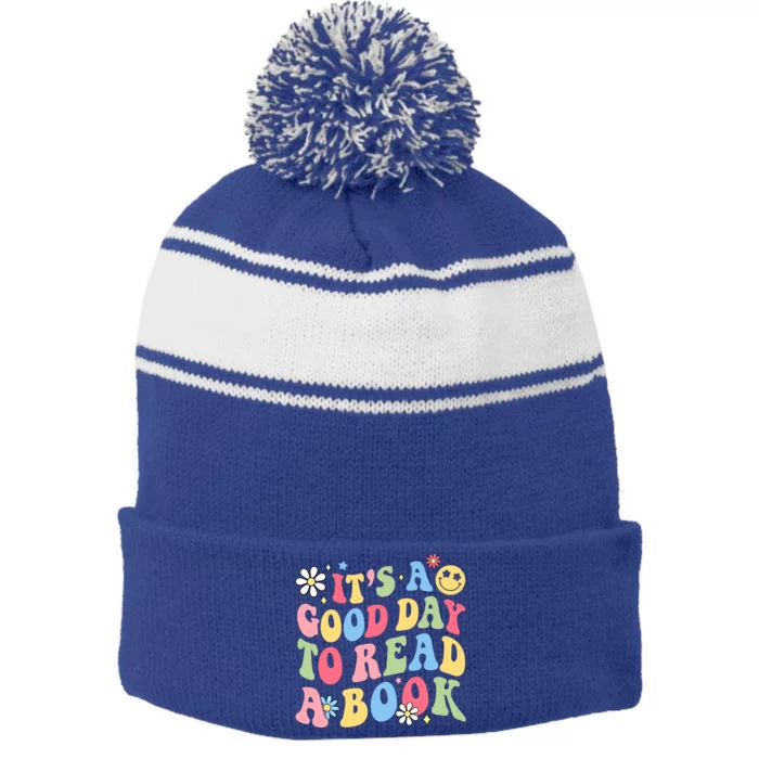 Groovy It's Good Day To Read Book Library Reading Lover Gift Stripe Pom Pom Beanie