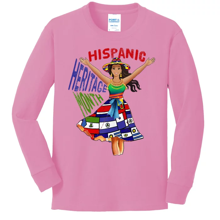 Girl In Hispanic Heritage Month Dress Flags Latino Kids Long Sleeve Shirt