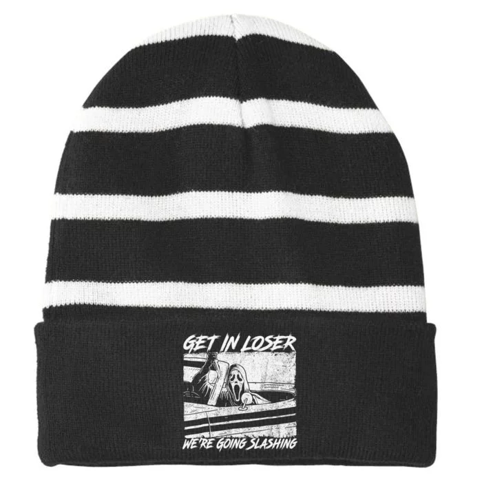 Get In Loser WeRe Going Slashing Horror Halloween Character Striped Beanie with Solid Band