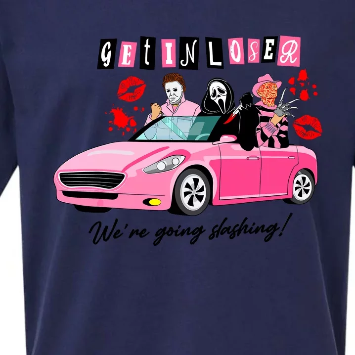 Get In Loser Were Going Slashing Pink Car Horror Character Sueded Cloud Jersey T-Shirt