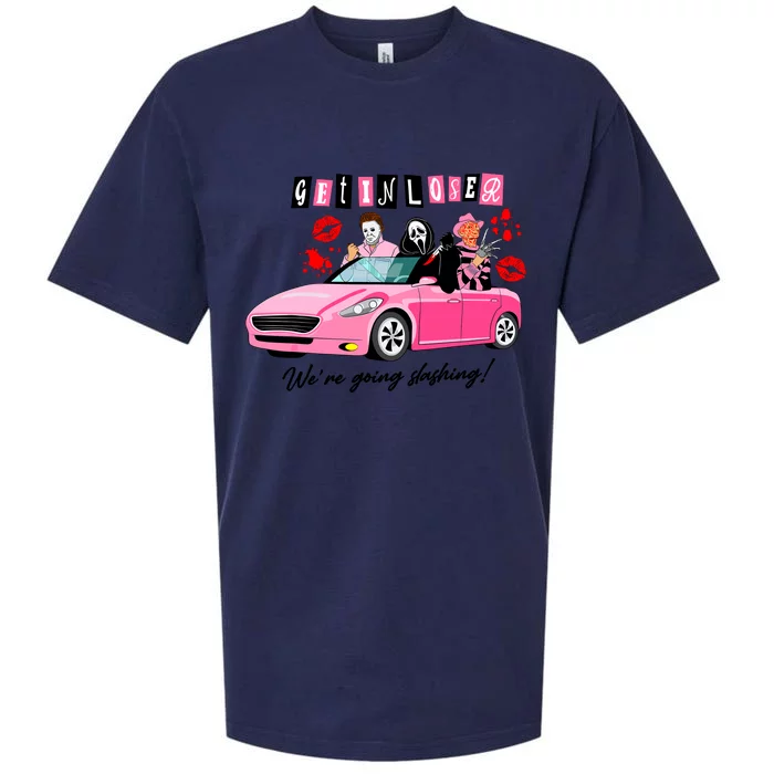 Get In Loser Were Going Slashing Pink Car Horror Character Sueded Cloud Jersey T-Shirt