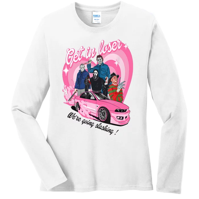 Get In Loser WeRe Going Slashing Pink Car Horror Character Ladies Long Sleeve Shirt