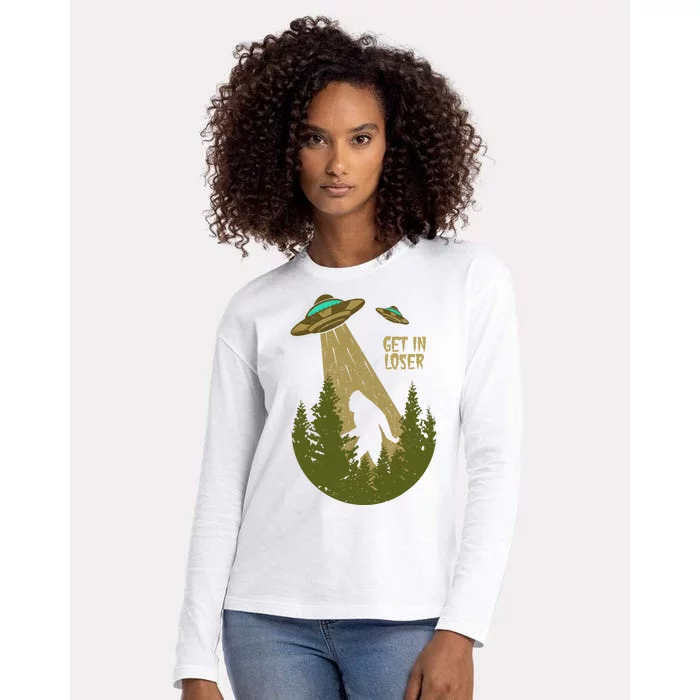 Get In Loser Retro Bigfoot UFO Abduction Sasquatch Alien Womens Cotton Relaxed Long Sleeve T-Shirt