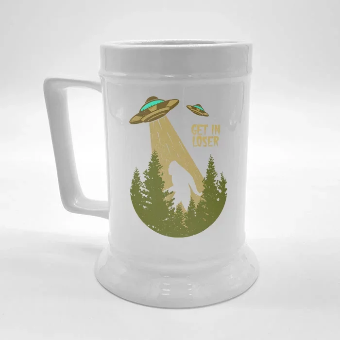 Get In Loser Retro Bigfoot UFO Abduction Sasquatch Alien Front & Back Beer Stein