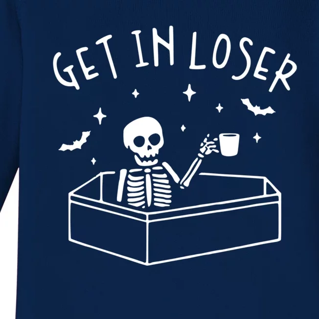 Get In Loser Skeleton In Coffin Spooky Halloween Baby Long Sleeve Bodysuit