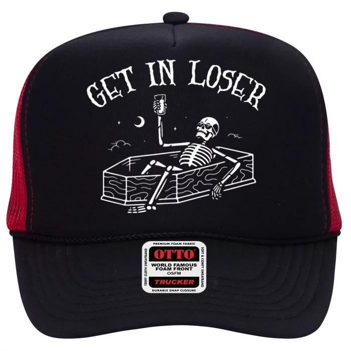 Get In Loser Skeleton In Coffin Spooky Halloween High Crown Mesh Trucker Hat